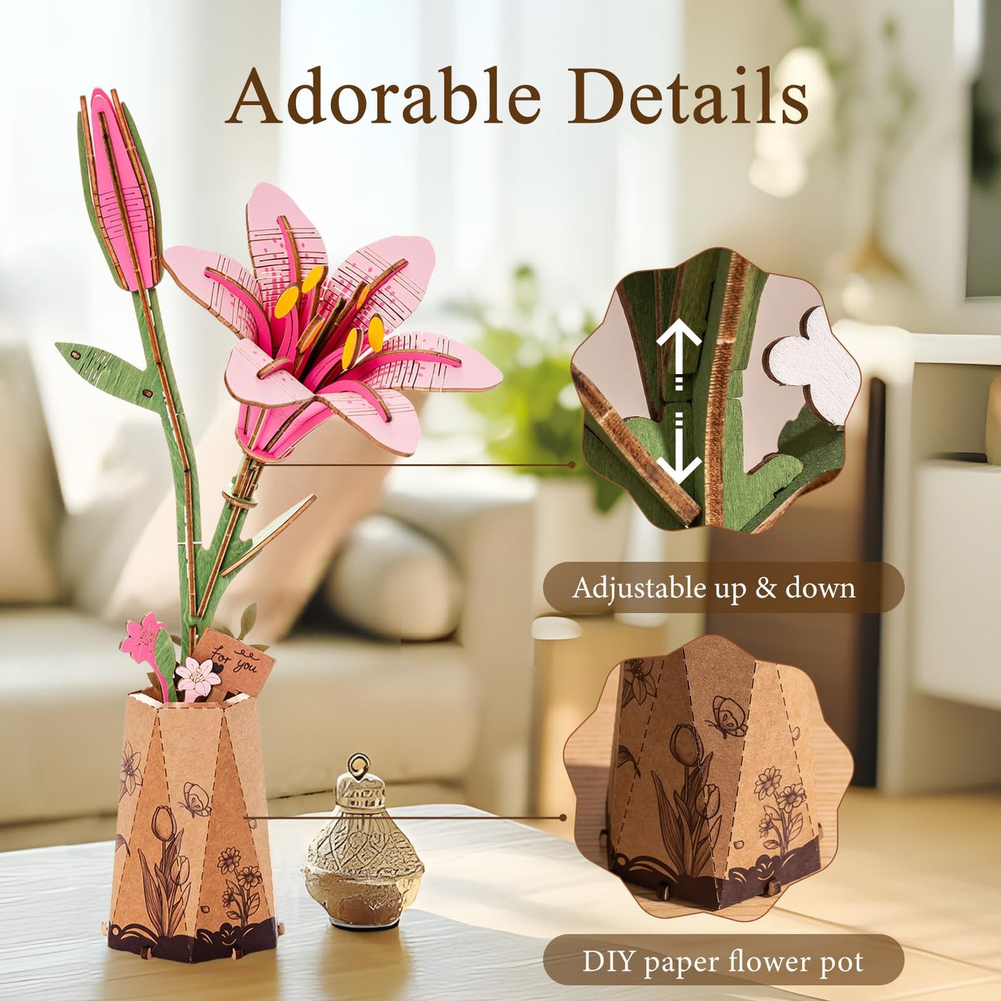 Rowood Wooden Flower Kit,DIY Artifical Flower Building Set Craft Kit for Adults,Mother's Day/Valentine's Day for Mom/Women/Grandma-Pink Lily