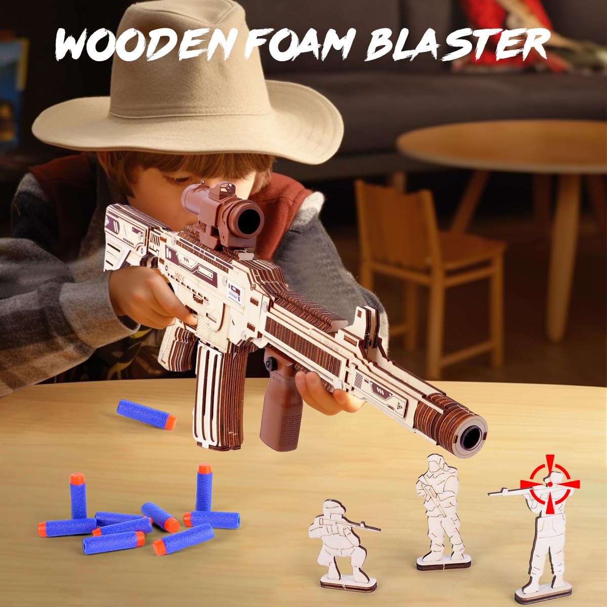 VATOS Wooden Gun Puzzles, 3D Wood Puzzles Gun for Adult with Foam Soft Bullet, Electric Wooden M416 Rifle Puzzle Toy Model, Wood Puzzle DIY Building Kits for Adult Christmas Birthday Gift