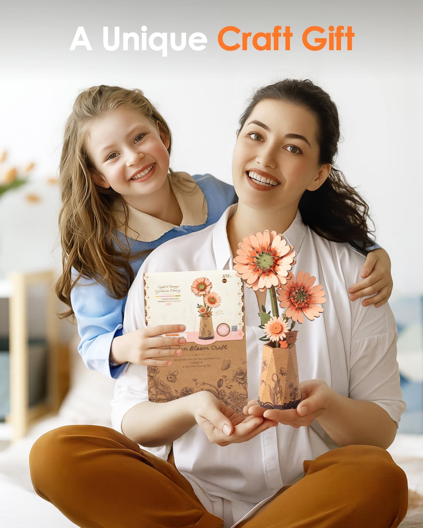 ROBOTIME 3D Puzzle Light Orange Gerbera Daisy TW111, DIY Wooden Flower Craft, Artificial Flowers Model Kit to Assemble for Adults, Home Decoration and Valentine's Day Toy Gift Set