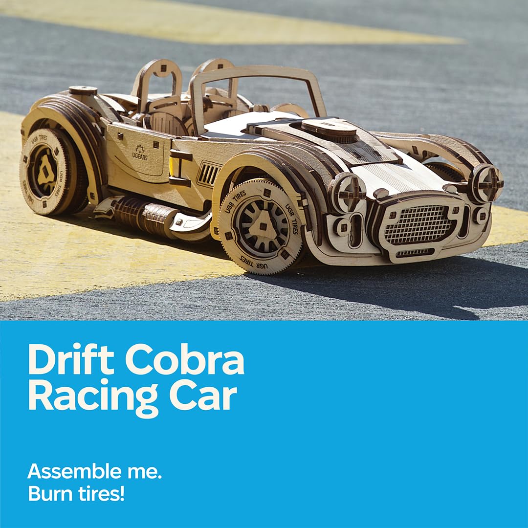 UGEARS Drift Cobra Racing Car Puzzle - Wooden 3D Puzzles for Adults to Build with Powerful Spring Motor - Wood Mechanical Models Building Kit for Fathers Day - Retro Hobbies for Men - 370 Pcs