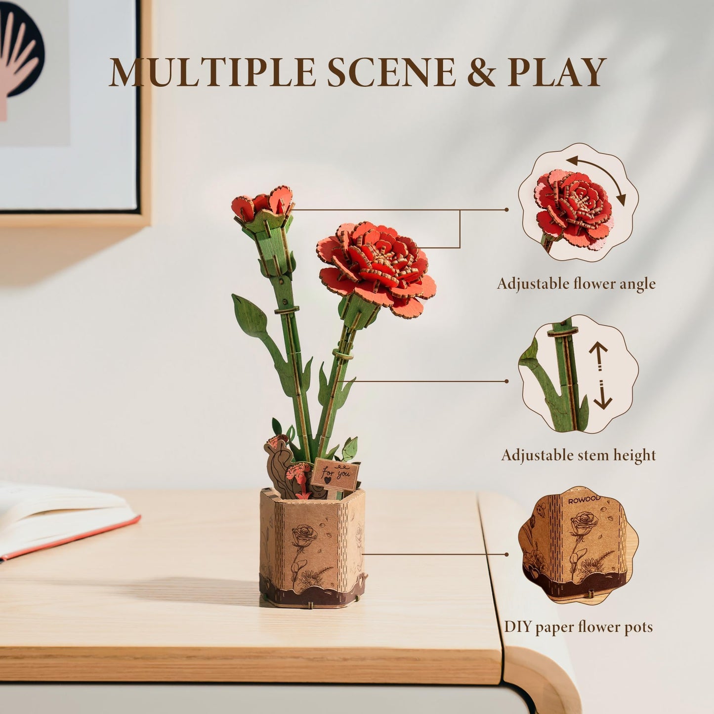 ROBOTIME 3D Wooden Flower Puzzle, Red Carnation DIY Craft Kit for Adults. Artificial Flower Decor for Table, Centerpiece, Home, Unique Gift for Mom, Wife, Women