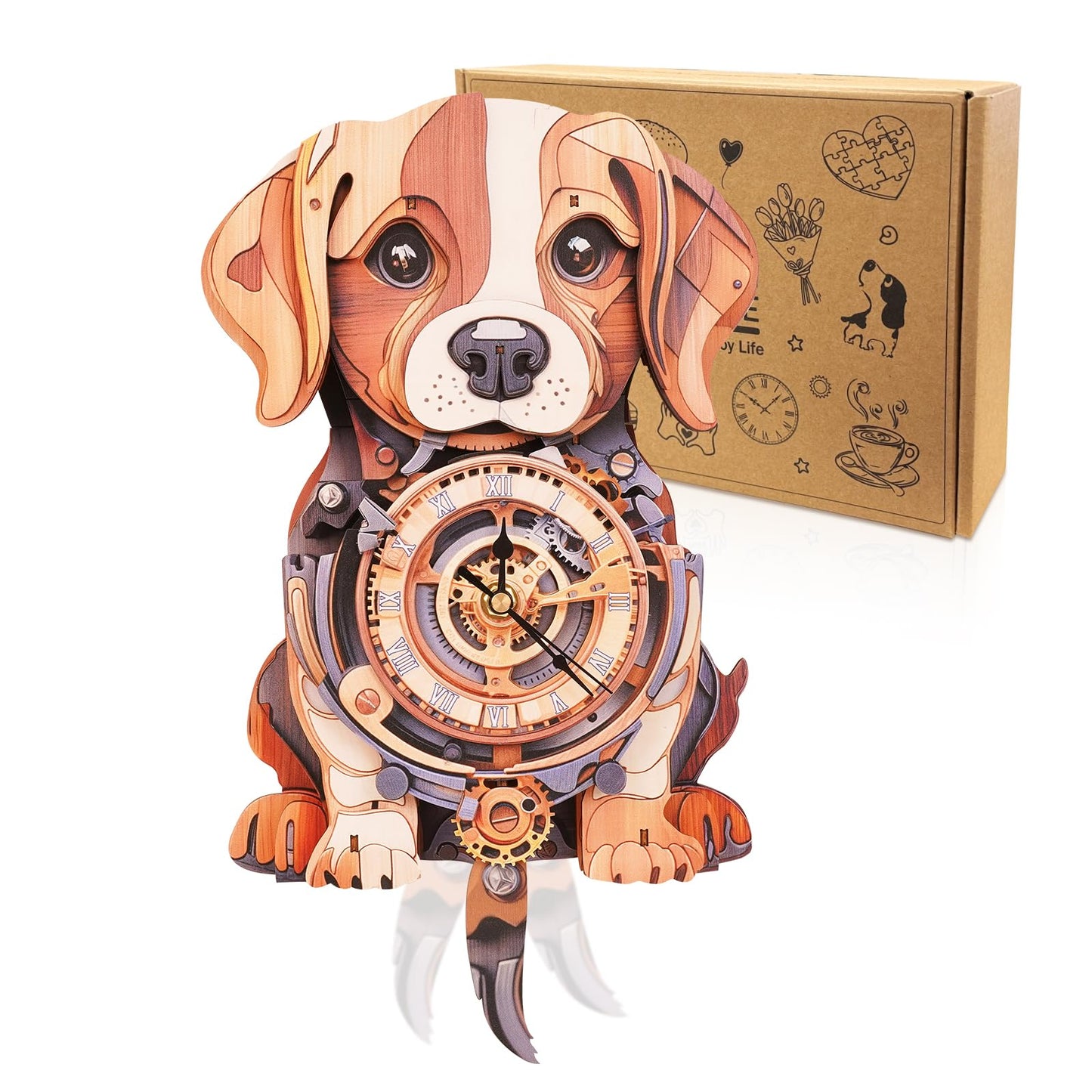 Cutywood 3D Puzzles for Adults Clock-Beagle Design Model Kit-Mechanical DIY Pendulum Clock with Roman Numerals-Desk Home Office Decor Personalized Gift for DIY Lovers