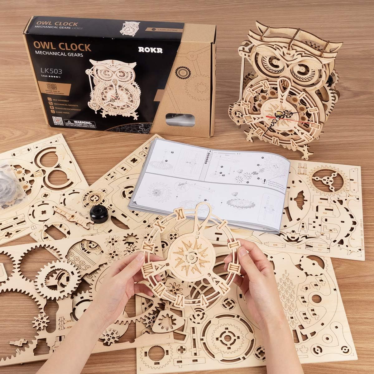 ROKR 3D Wooden Puzzles for Adults Owl Clock - Mechanical Model Building Kit DIY Hobbies for Men Women 161PCS Clock Puzzle Creative Craft Gift Home Decor for Family