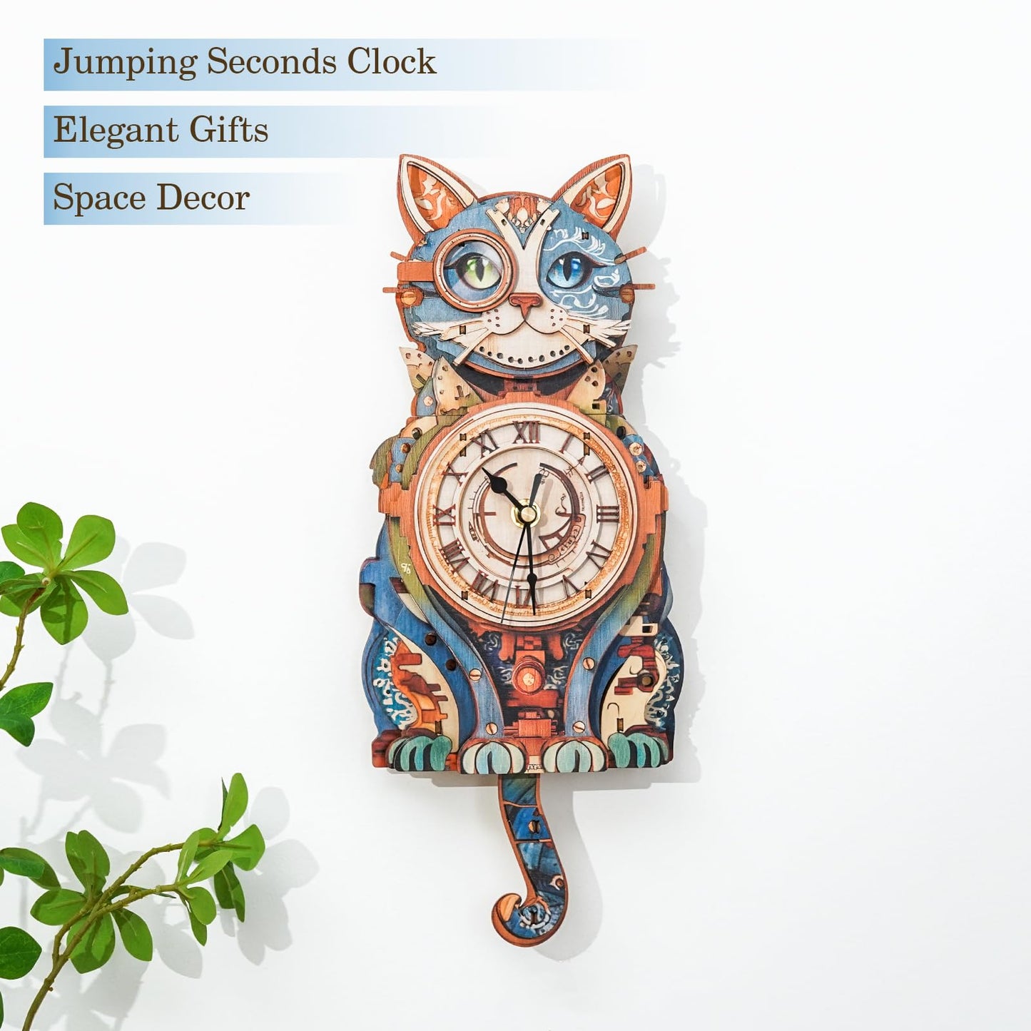 Cutywood 3D Puzzles for Adults Clock-Cat Detective Design Model Kit-Mechanical DIY Pendulum Clock with Roman Numerals-Desk Home Office Decor Personalized Gift for DIY Lovers