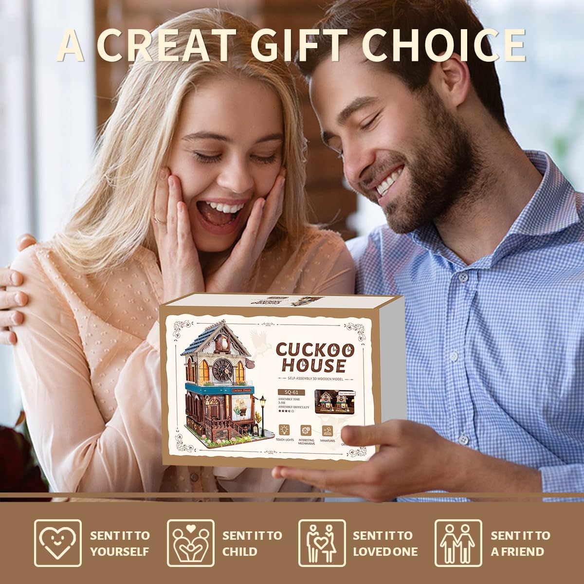 STRUCWOOD 3D Wooden Puzzles - Miniature Cuckoo Clock House Kit, DIY Wooden Building Set for Adults and Teens, Mini Model Kit with 3-Mode Touch Switch - Cuckoo House (SQ-61)