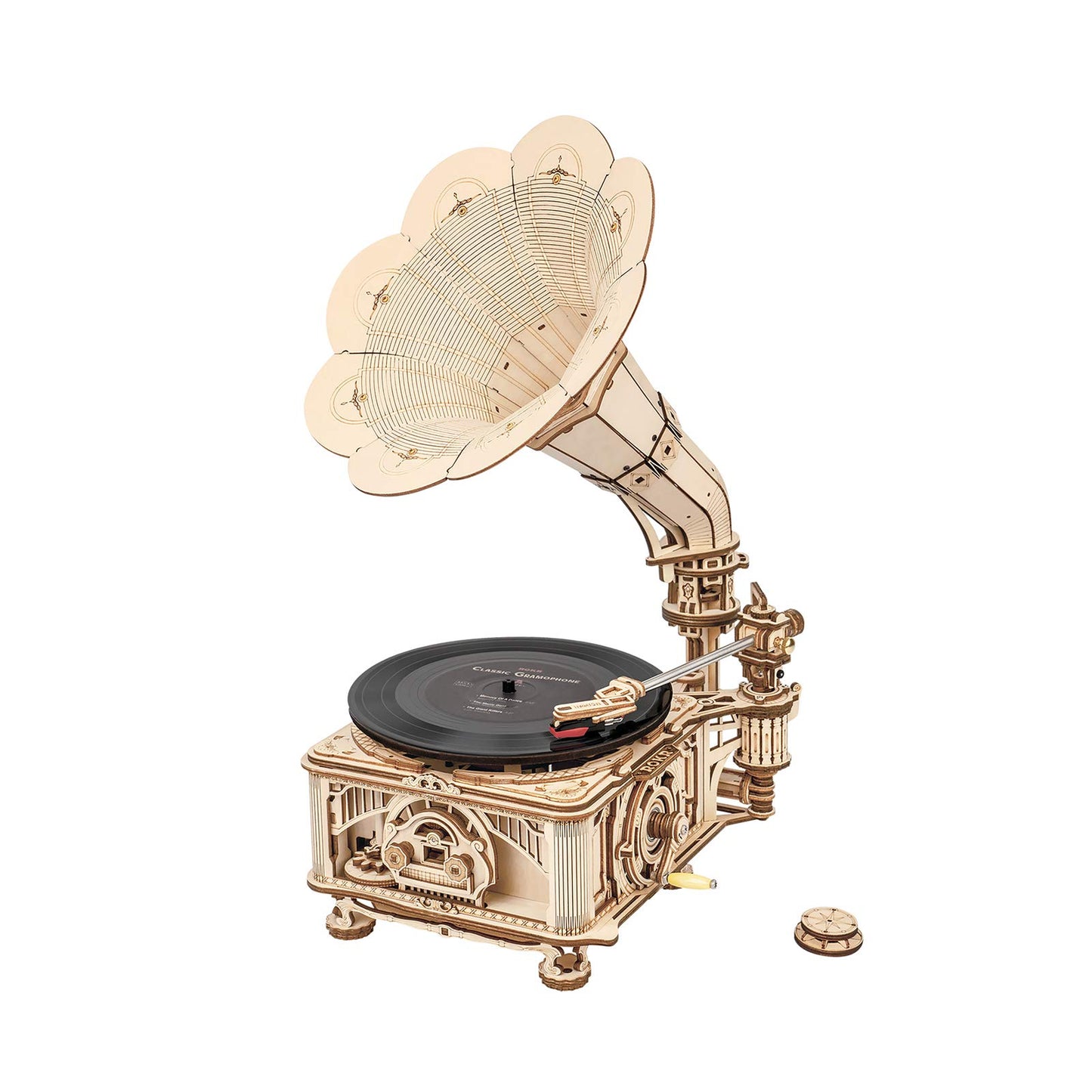 RoWood 3D Wooden Puzzle Music Record Player, Classical Mechanical Model Kit to Build, Best Gift for Adults - Gramophone