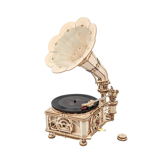 RoWood 3D Wooden Puzzle Music Record Player, Classical Mechanical Model Kit to Build, Best Gift for Adults - Gramophone