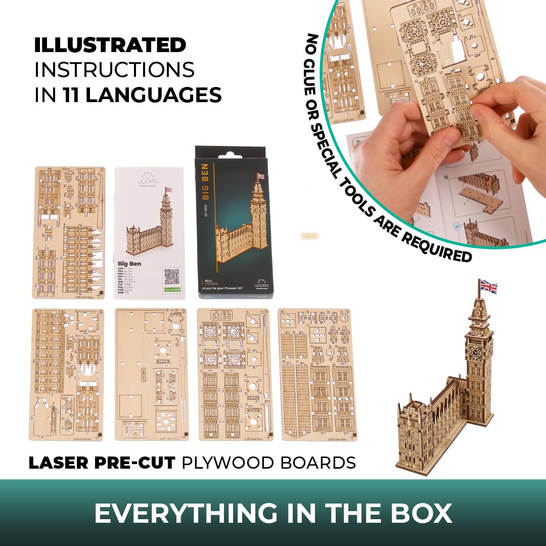UGEARS Wooden 3D Puzzles for Adults – Big Ben Model Kit DIY Kits for Adults – Easy Craft Kits for Adults Model Building Kits – London Architecture Model Kit Wooden Puzzle for Adults – 63 Pcs