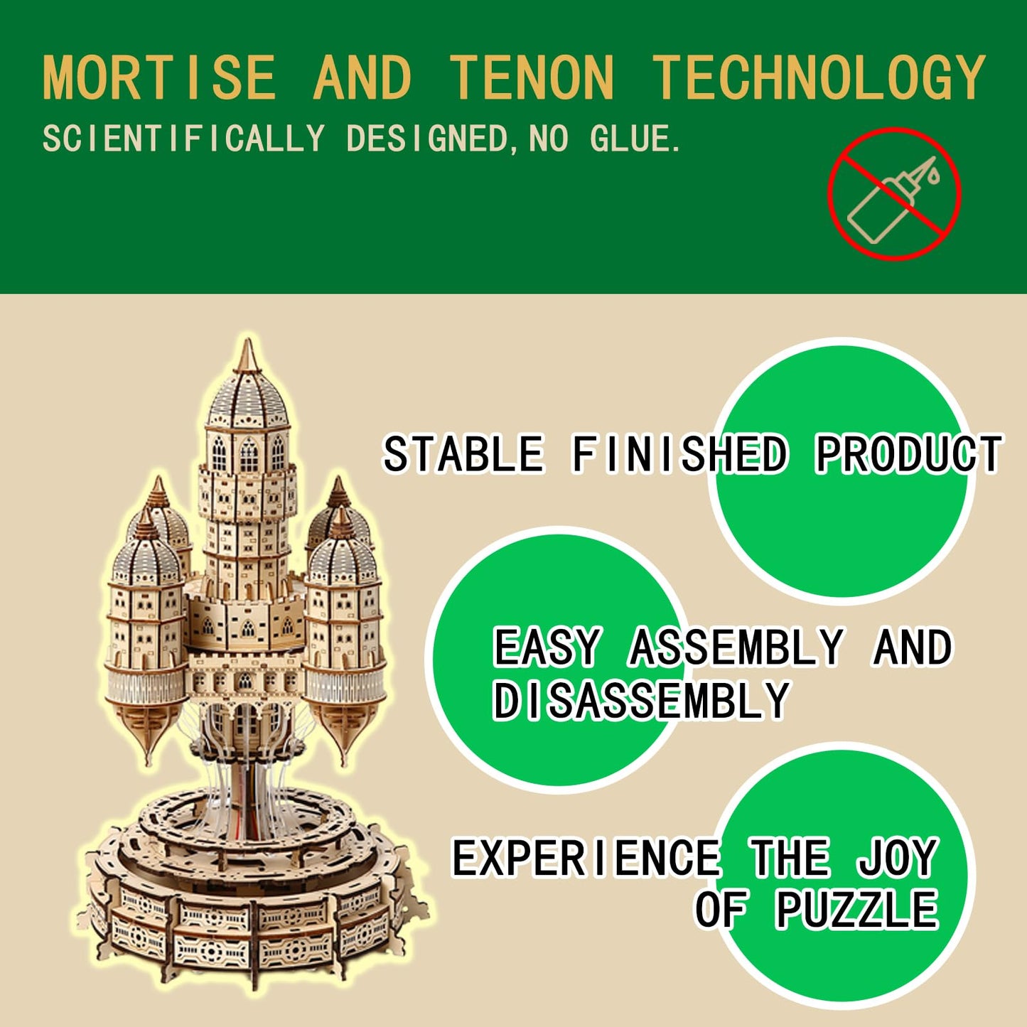 3D Wooden Castle Music Box Puzzle Kit, 521 Pieces LED Light DIY Mechanical Model Building Kit for Adults & Teens,Unique Creative Gift Idea