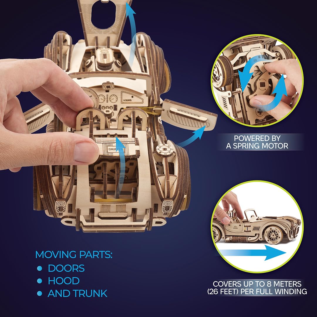 UGEARS Drift Cobra Racing Car Puzzle - Wooden 3D Puzzles for Adults to Build with Powerful Spring Motor - Wood Mechanical Models Building Kit for Fathers Day - Retro Hobbies for Men - 370 Pcs