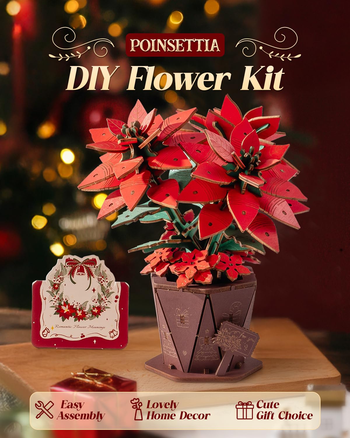 Wowood 3D Flower Wooden Puzzles for Adults-Poinsettia, DIY Wooden Flowers Model Kit Building Set Crafts for Adults to Build, Botanical Collection/Ideal Creative Gift Ideas/Housewarming (153PCS)