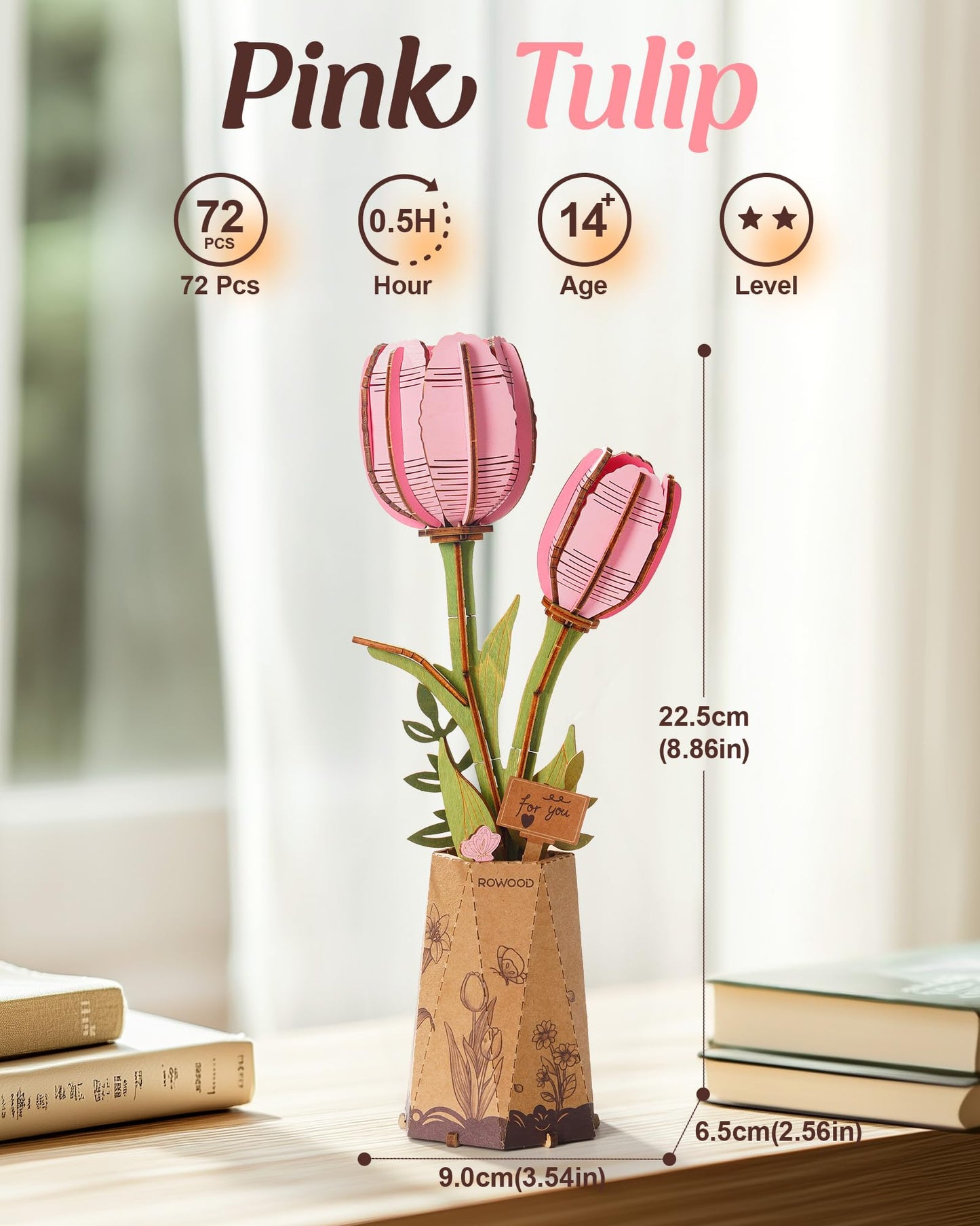 rowood Wooden Flower,3D Puzzles for Adults,Artifical Flower Botanical Collection Building Kit,Mother's Day/Valentine's Day Pink Tulip