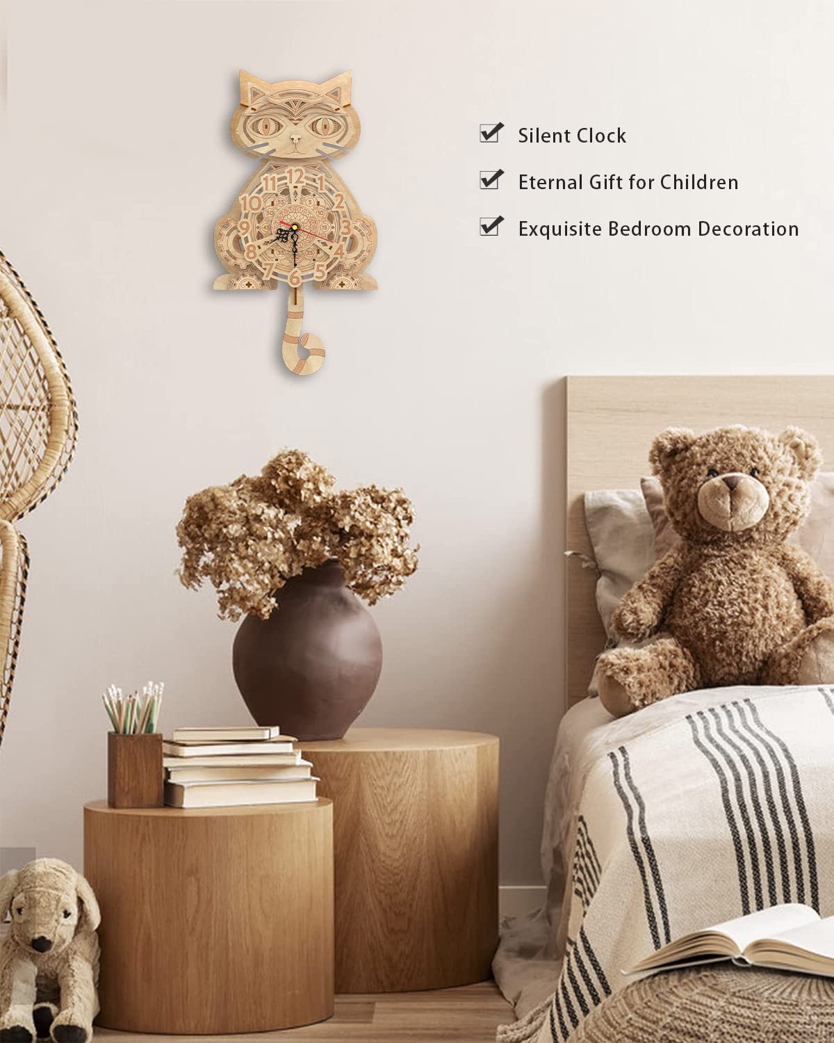 Wooden 3D Puzzles for Adults Model kit Cat Clock Kids Wall Clock Decor for Birthday Gift/Christmas Day