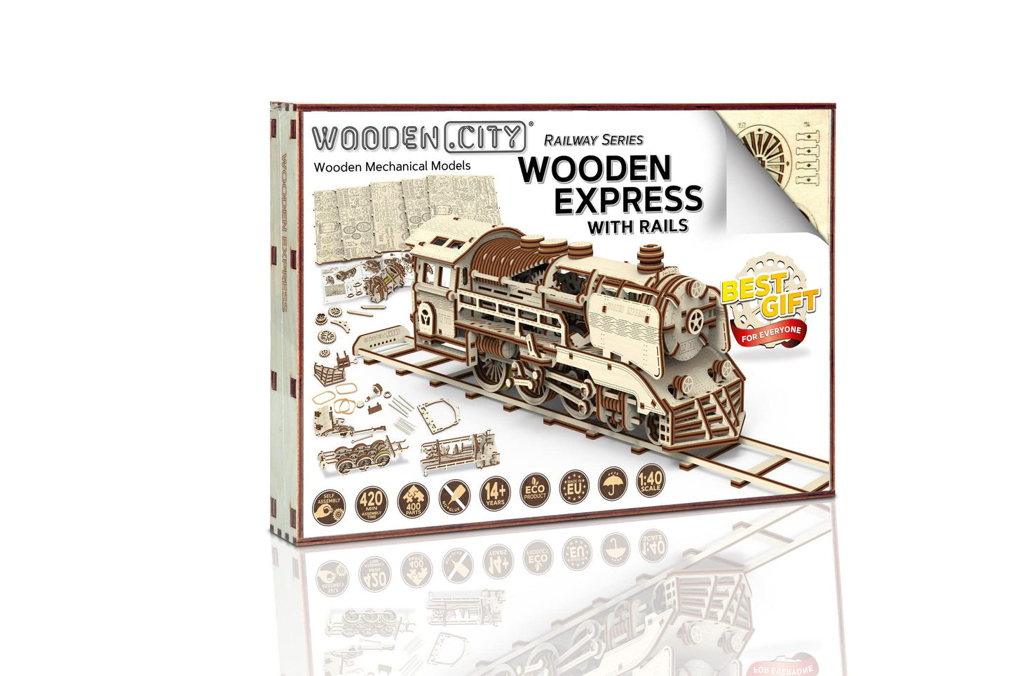 WOODEN.CITY Wooden Express with Rails 3D Wooden Puzzles for Adults – Build Your Own Express Train with Rubber‑Band Motor – Self‑Assembly Model, DIY Gift for Adults and Teens