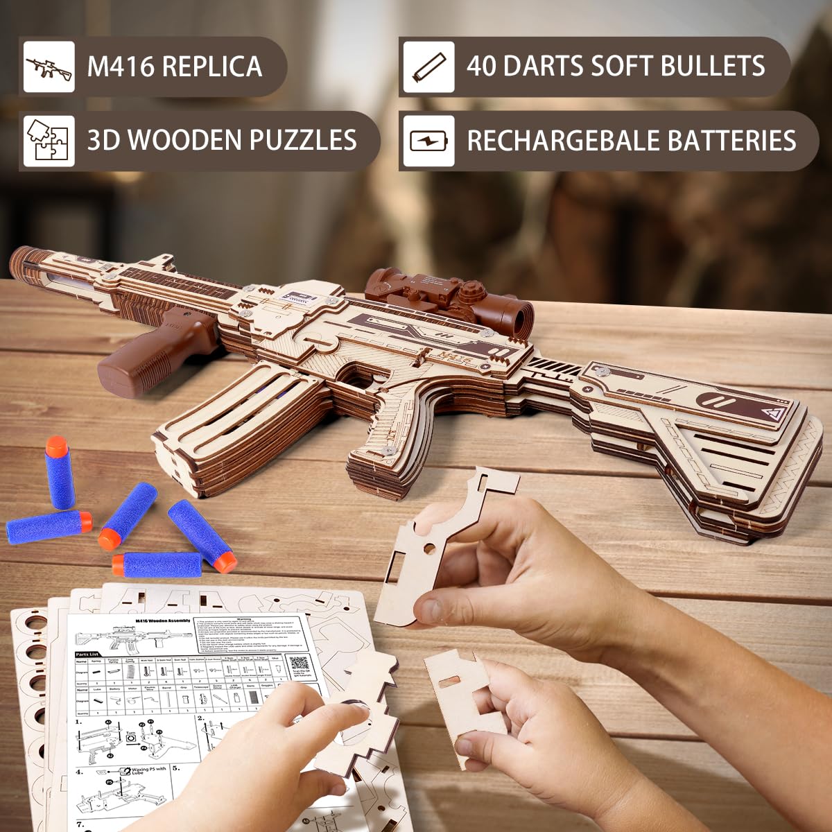 VATOS Wooden Gun Puzzles, 3D Wood Puzzles Gun for Adult with Foam Soft Bullet, Electric Wooden M416 Rifle Puzzle Toy Model, Wood Puzzle DIY Building Kits for Adult Christmas Birthday Gift