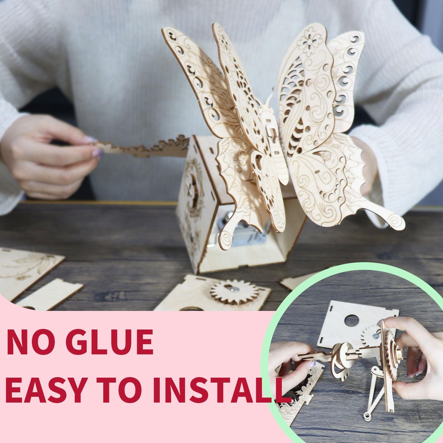 3D Puzzles for Adults Hand Butterfly Wooden Mechanical Music Box Model Kit You are My Sunshine Handmade Assembly DIY Crafts Birthdays for Boys Ages 14+