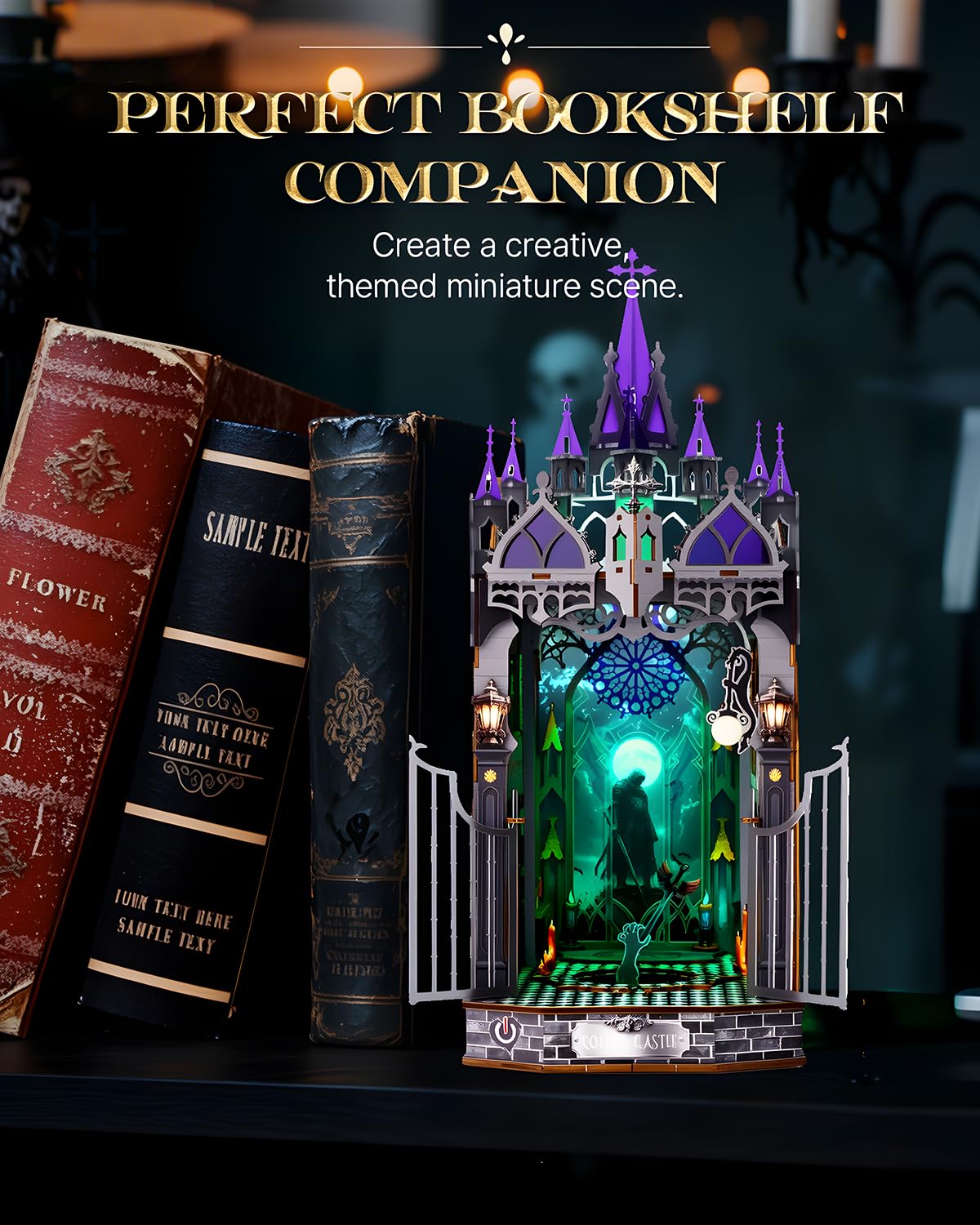 Halloween Book Nook Kit,Haunted House kit,3D Wooden Puzzle Miniature Booknook Bookend Bookshelf Decor with LED Light,Gothic Castle Bookshelf Insert for Home Decor Gift.