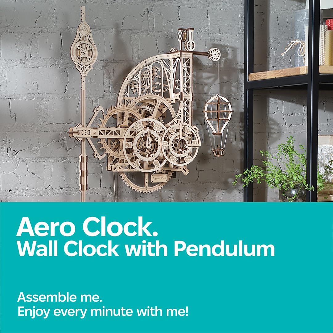 UGEARS Wooden 3D Puzzles for Adults Aero Clock - Mechanical Puzzles for Adults, Wall 3D Clock Puzzle with Pendulum Model Kit - DIY Miniature Kit Crafts Gift for Birthday - 320 Pcs