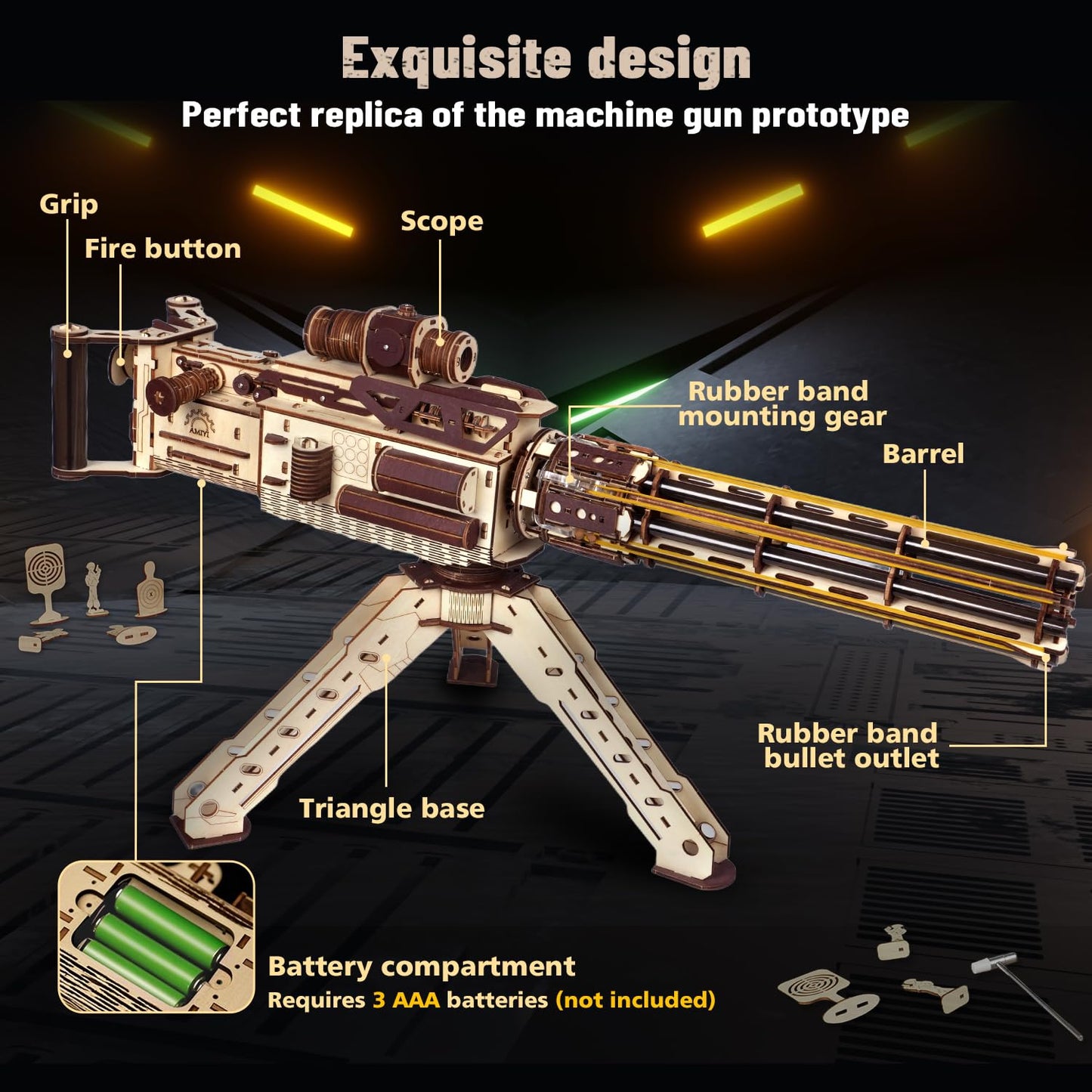 VATOS 3D Wooden Puzzles Model for Adults,344 Piece Wooden Puzzle Machine Gun with Rubber Bands,DIY Wood Puzzles Building Model Kits - Excellent Gift for Adult, Teens and Craft Enthusiasts (Ages 14+)