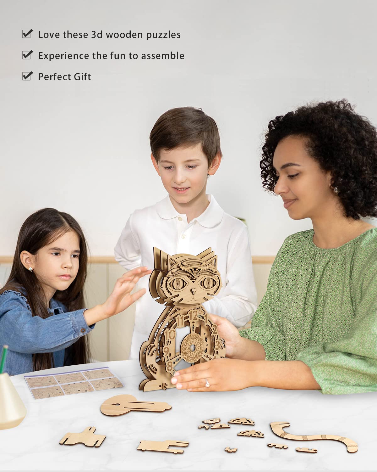 Wooden 3D Puzzles for Adults Model kit Cat Clock Kids Wall Clock Decor for Birthday Gift/Christmas Day