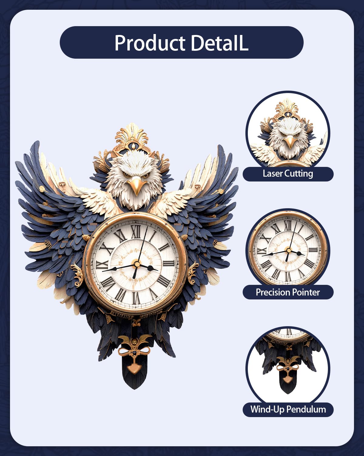 Rnfinewow 3D Wooden Puzzles for Adults, Bald Eagle Clock with Pendulum Model Kit, 3D Puzzles for Adults Room Home Decor DIY Wall Clock Kit, Holiday Birthday Christmas Day Gifts for Men Women Teens
