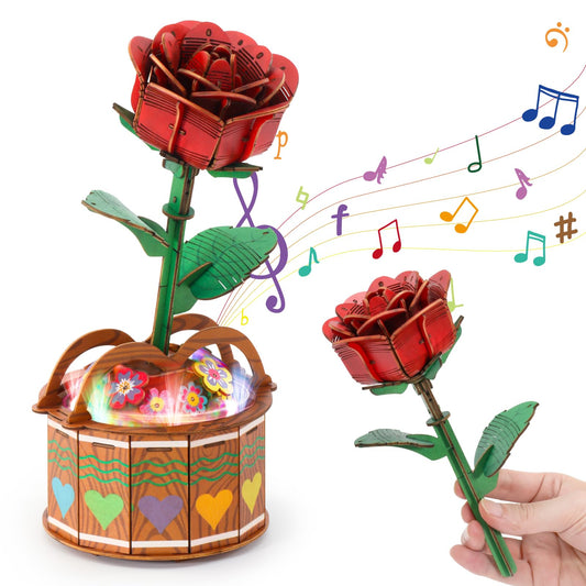 MIEBELY 3D Wooden Puzzles for Adults, Light Up 3D Puzzle Flower Rose Building Puzzle with Music Box, 216 pcs Craft Birthday Gift for Adult and Teen