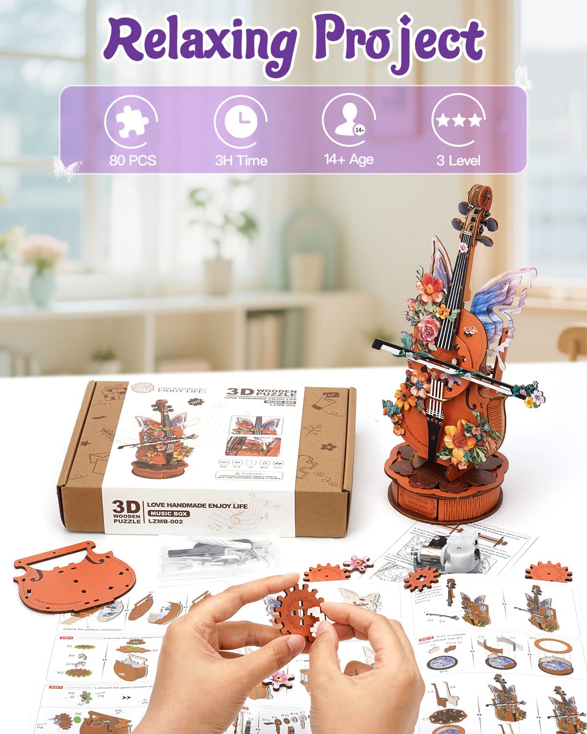 Rnfinewow 3D Wooden Puzzles for Adults, DIY Cello Model Kit with Base, 80pcs Wooden Music Box Desk Birthday Hobbies Craft for Women Men Home Decor