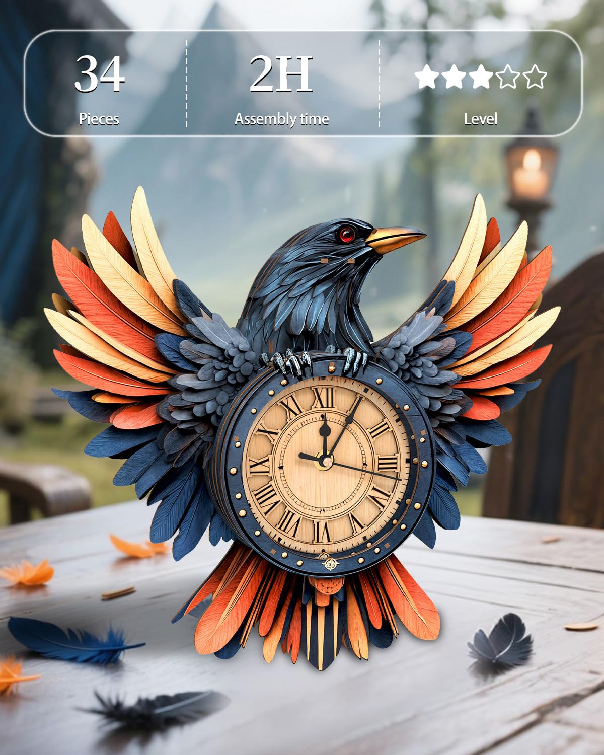 Rnfinewow 3D Wooden Puzzles for Adults,3D Puzzles for Adults Raven DIY Wall Clock Kit with Pendulum, 34 Pieces 3D Wooden Puzzles,Creative Gift Idea for Teens & Adults