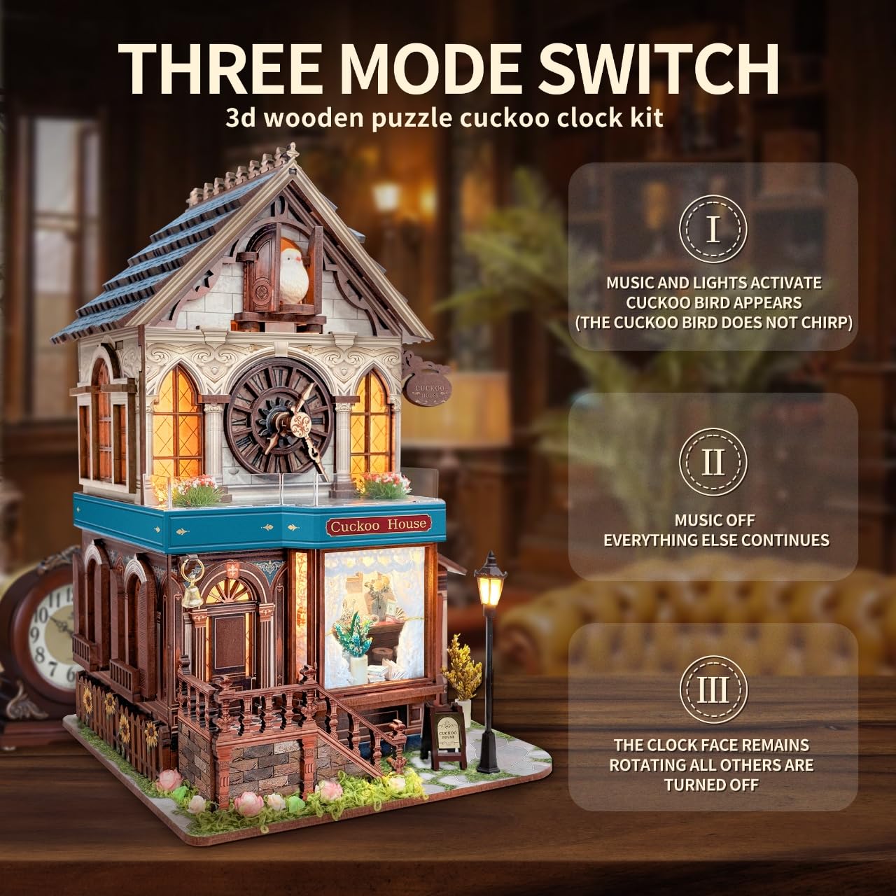 STRUCWOOD 3D Wooden Puzzles - Miniature Cuckoo Clock House Kit, DIY Wooden Building Set for Adults and Teens, Mini Model Kit with 3-Mode Touch Switch - Cuckoo House (SQ-61)