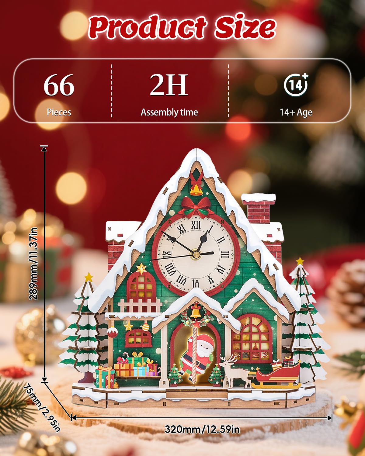 Swathie 3D Wooden Puzzles for Adults, Christmas House Clock with Pendulum Model Kit, 3D Puzzles for Adults Room Home Desk Decor DIY Clock Kit, Holiday Birthday Christmas Day Gifts for Men Women Teens