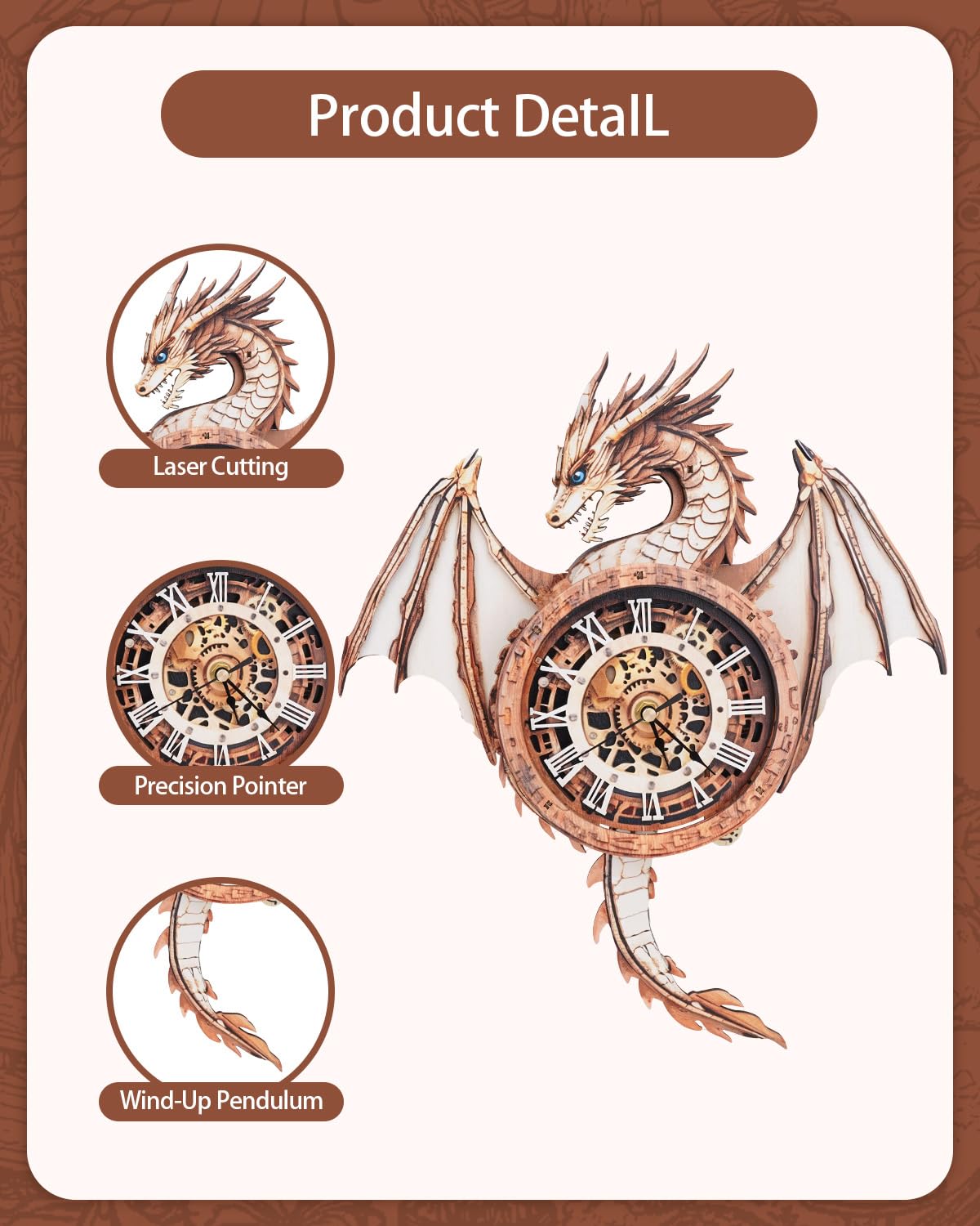 Rnfinewow 3D Wooden Puzzles for Adults, 3D Puzzle Dragon Clock Kit (with Pendulum), Wooden Puzzle for Adults Home Decor Clock Crafts for Adult Christmas Day Puzzle Gifts for Men Women