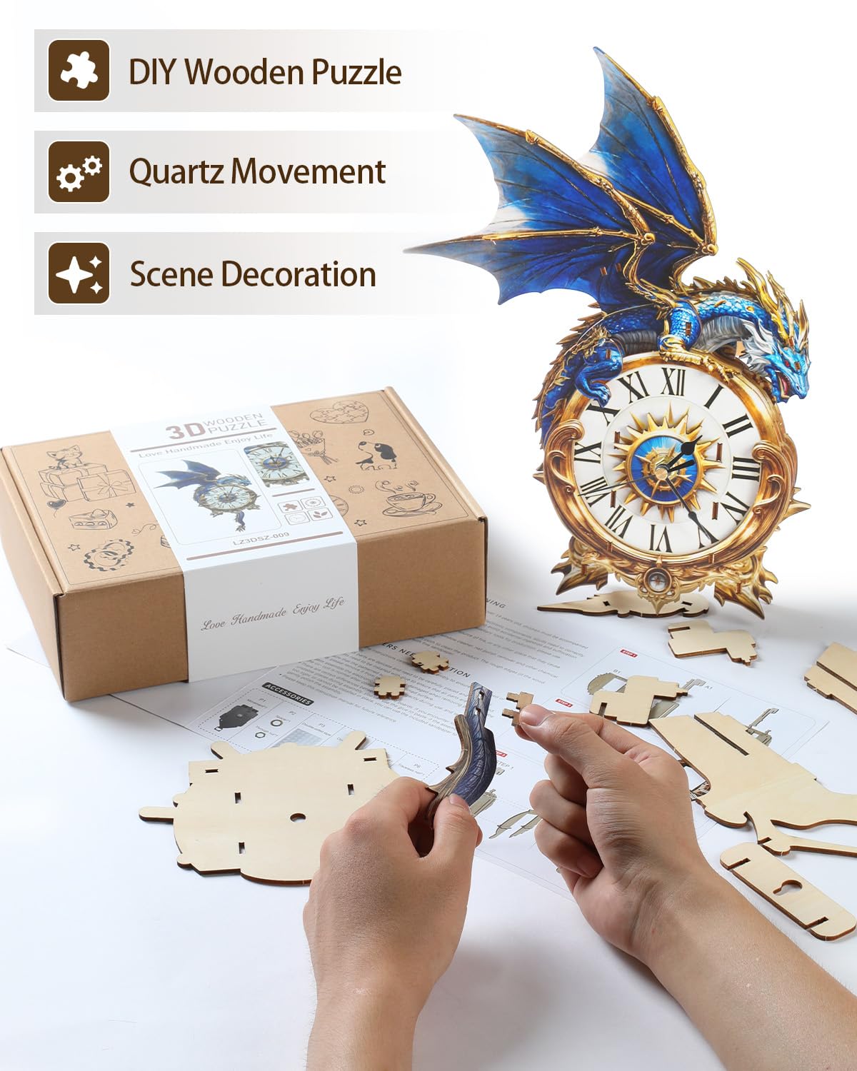 Rnfinewow 3D Wooden Puzzles for Adults, Blue Dragon Clock with Pendulum Model Kit, 3D Puzzles for Adults Room Home Decor DIY Wall Clock Kit, Holiday Birthday Christmas Day Gifts for Men Women Teens
