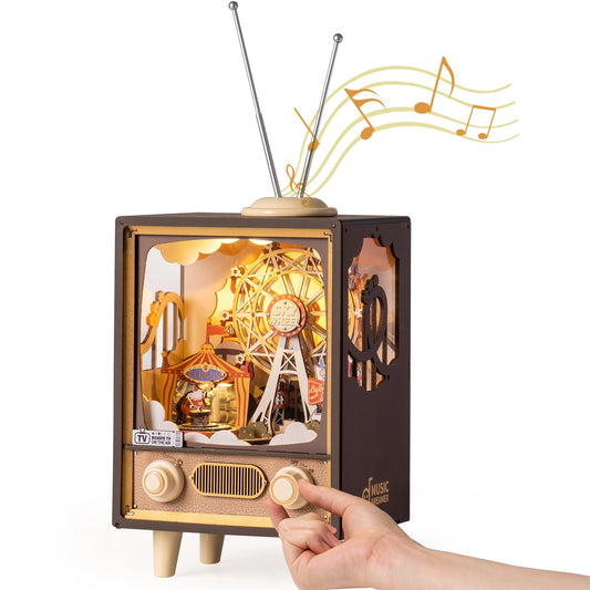 ROBOTIME Wooden Music Box 3D Wooden Puzzles for Adults Ferris Wheel Music Box Model Building Set DIY Book Nook Kit for Hobby Personalized Crafts Gift (Sunset Carnival)