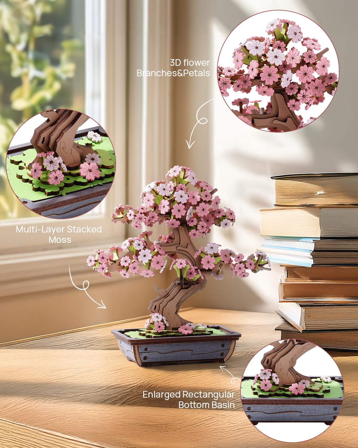 ROBOTIME Sakura Bonsai 3D Puzzles Wooden Artificial Cherry Blossom Tree DIY Model Building Kit for Home Decoration and Office Art Creative Gifts