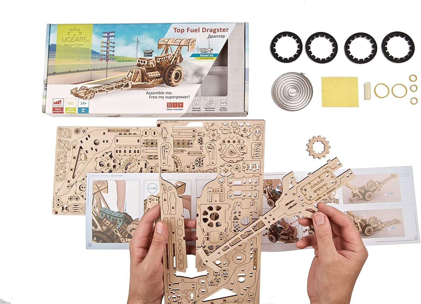 UGEARS Dragster Car Model Kit - Top Fuel Dragster Model Kits 3D Puzzle with Powerful Spring Motor - Drag Racing Model Car Kits 3D Puzzles for Self-Assembly - 3D Wooden Puzzles for Adults and Kids