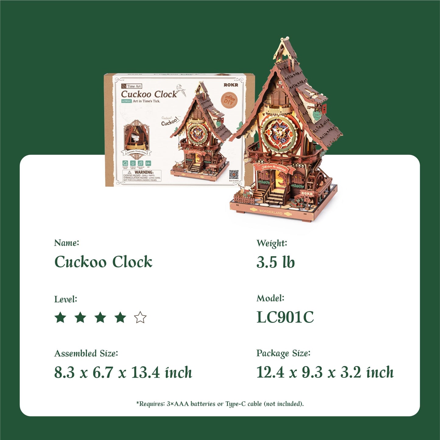 ROKR 3D Wooden Puzzles for Adults, Cuckoo Clock Model Kit, Room Home Decor DIY Watch Making Kit Functional Mechanical Building Toys, Hobbies Birthday Christmas Day Gifts for Men Women 14+