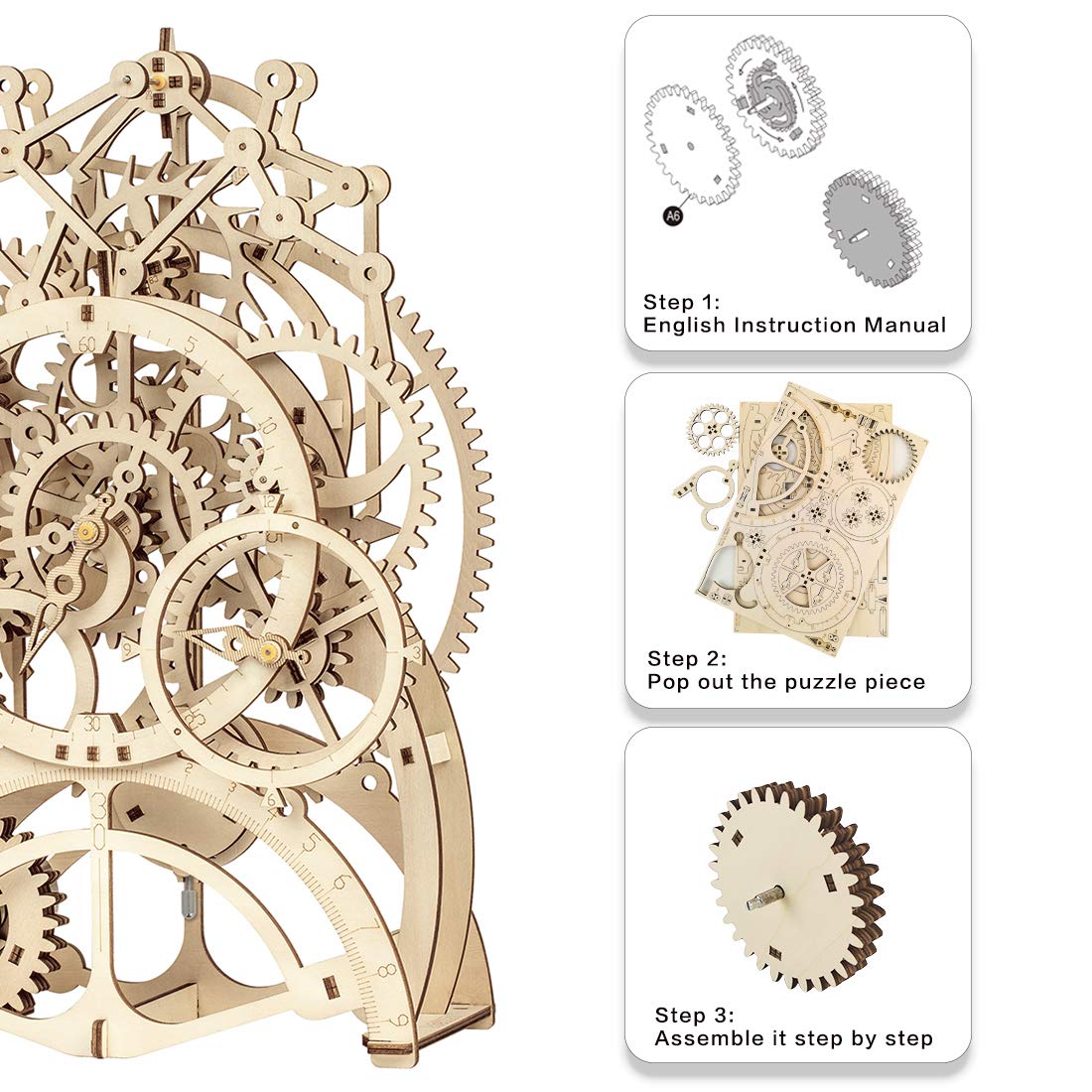 ROKR 3D Wooden Mechanical Pendulum Clock Puzzle,Mechanical Gears Toy Building Set,Family Wooden Craft KIT Supplies-Best Birthday Gifts for Kids Adults to Build