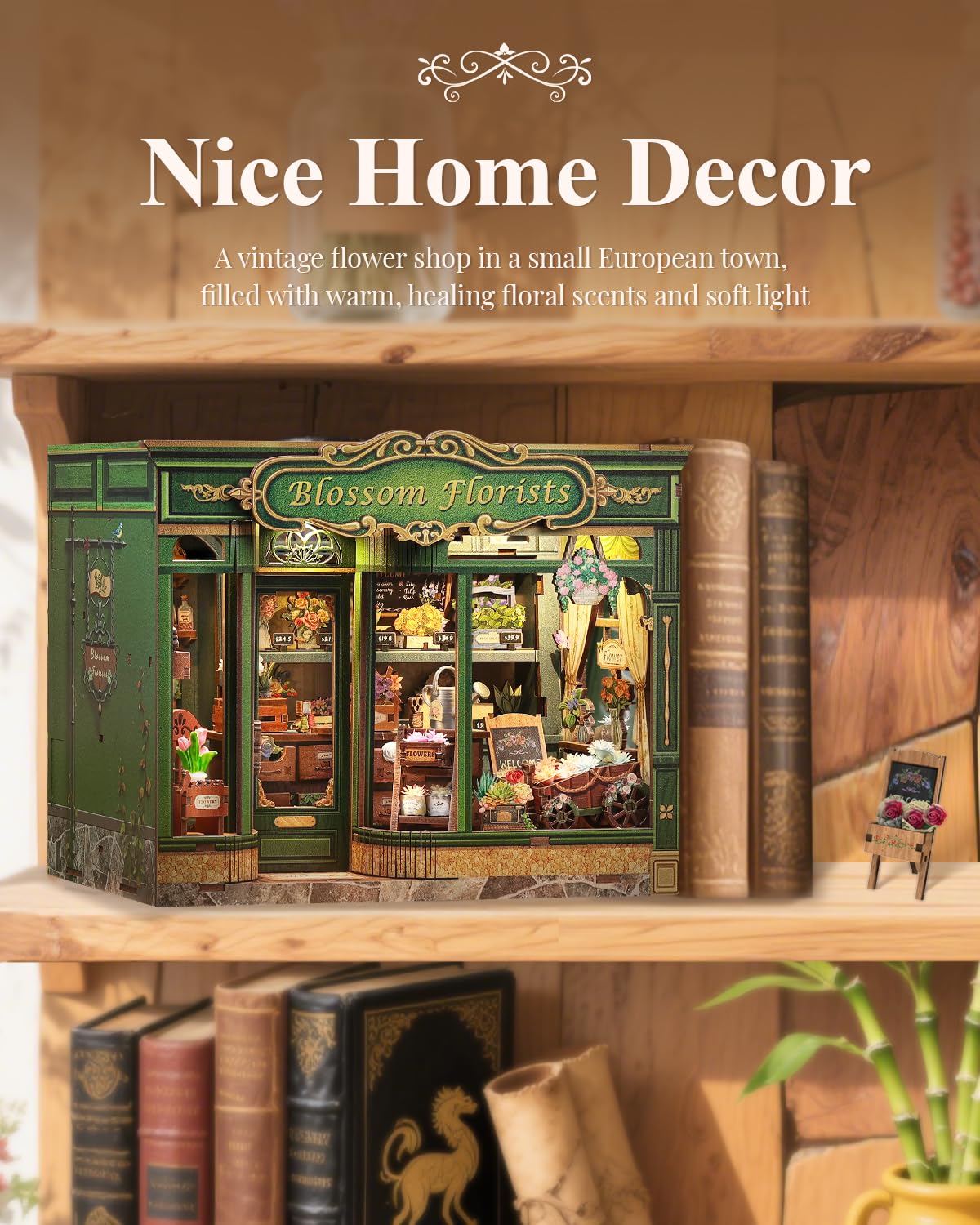 Cutefun Book Nook Kit - DIY Miniature House Dollhouse Kit, Book Nook Kits for Adults, Bookshelf Insert Bookend with LED Light for Teens and Adults (Blossom Florists)