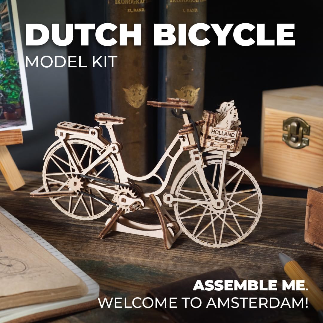 UGEARS Wooden 3D Puzzles - Dutch Bicycle Model Kit for Adults - Easy Assembly Iconic Amsterdam Bike Crafts - DIY Miniature Kit - 75 Pieces