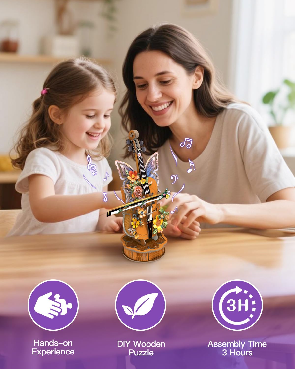 Rnfinewow 3D Wooden Puzzles for Adults, DIY Cello Model Kit with Base, 80pcs Wooden Music Box Desk Birthday Hobbies Craft for Women Men Home Decor