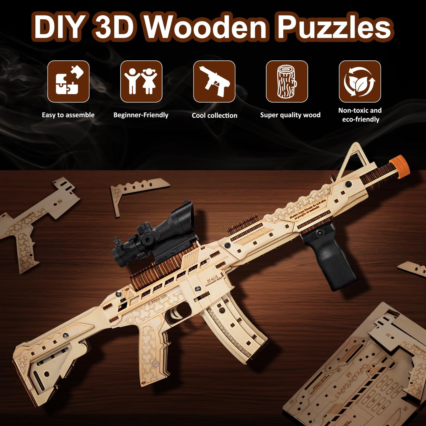 maysida 3D Wooden Puzzles for Adults, Wooden 3D Puzzle M416 Model Electric Toy Building Model Kits with Sight and Goggles, DIY Wood Crafts Cool Toys Unique Gifts Hobbies for Men Women Teens