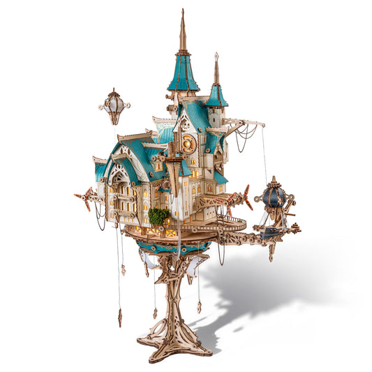 FUNPOLA 3D Wooden Puzzle Steam Castle Model – Steampunk Baroque Floating Castle DIY Building Kit with Mechanical Gears, Unique Gift for Adults and Teens