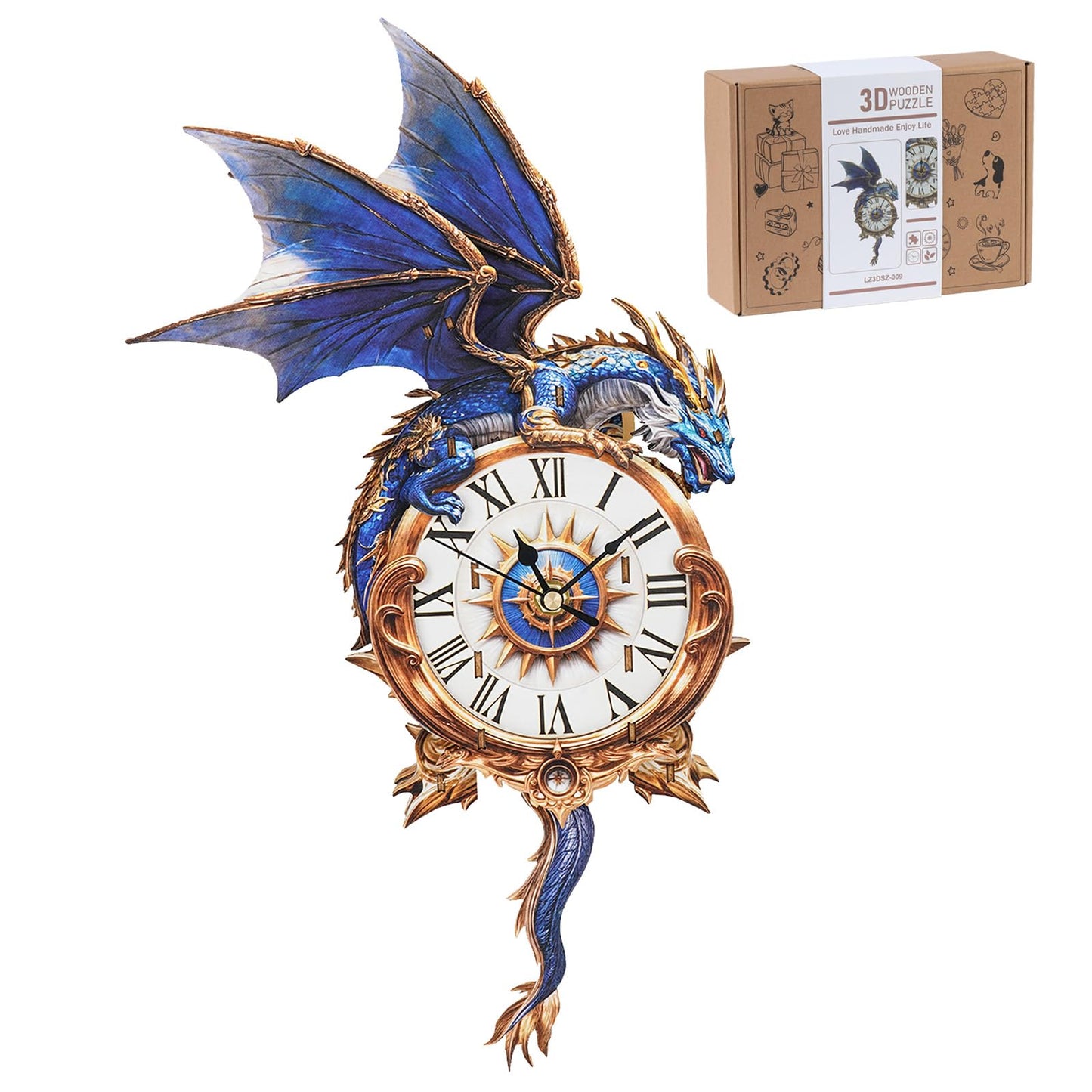 Rnfinewow 3D Wooden Puzzles for Adults, Blue Dragon Clock with Pendulum Model Kit, 3D Puzzles for Adults Room Home Decor DIY Wall Clock Kit, Holiday Birthday Christmas Day Gifts for Men Women Teens