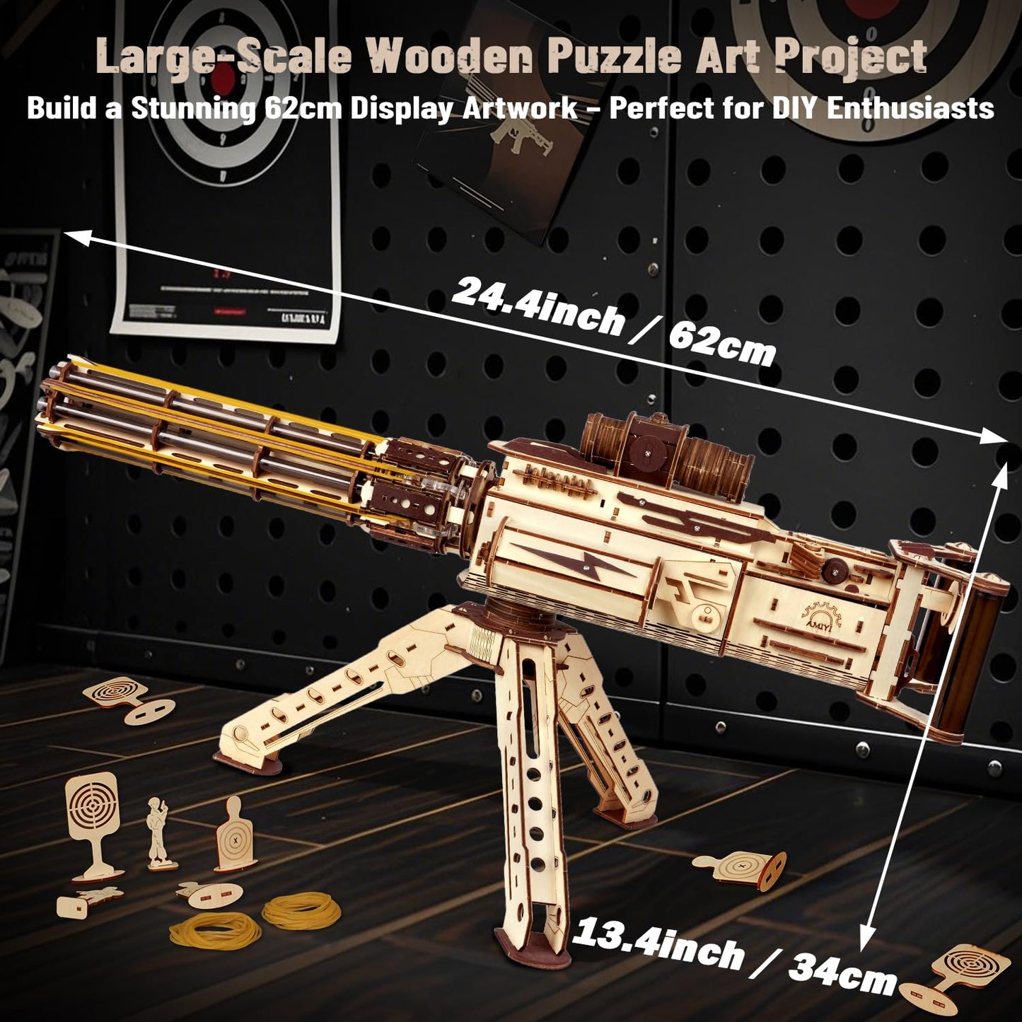 VATOS 3D Wooden Puzzles Model for Adults,344 Piece Wooden Puzzle Machine Gun with Rubber Bands,DIY Wood Puzzles Building Model Kits - Excellent Gift for Adult, Teens and Craft Enthusiasts (Ages 14+)