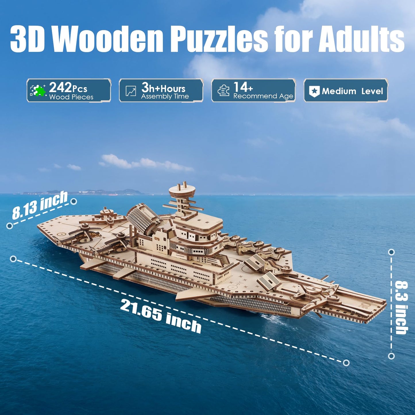 Herseme 3D Wooden Puzzles for Adults, 242 PCS 3D Puzzles for Adults- Brain Teaser Wooden Puzzles for Father/Son, Gifts for Fathe/Son, Decompression 3D Puzzle Wood Models Kits (1.Aircraft Carrier)