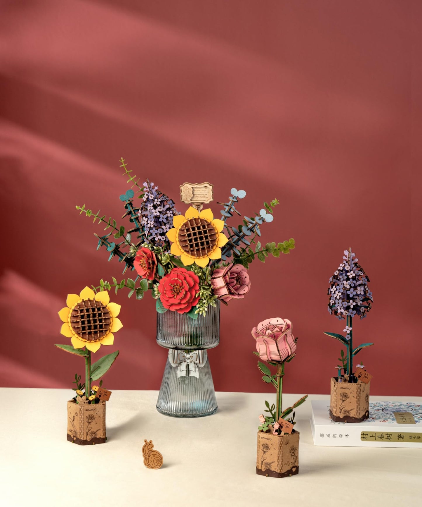 Wowood 3D Wooden Puzzles Flower Bouquet Model Kit Building Set for Adults, Wooden Flower Building Toy Botanical Collection, Creative Gift Idea Home Decor(Sunflower/Red Camellia/Pink Rose/Lilac)