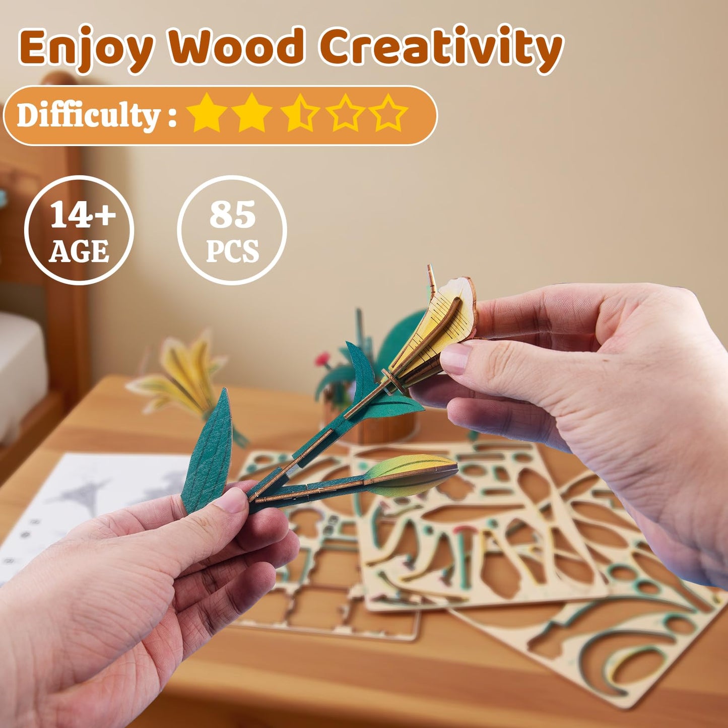 3D Wooden Flower Puzzles for Adults Lily, DIY Flower Building Set Wooden Craft Kits Home Decoration, for Women Mom Birthday Thanksgiving Christmas Valentine's Day