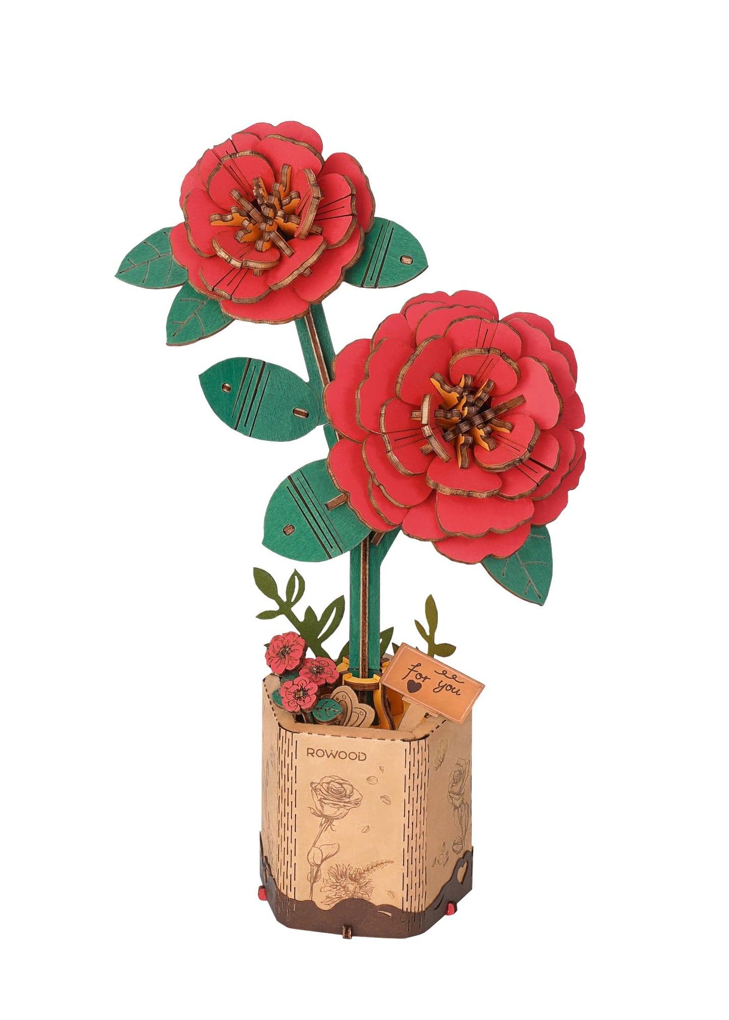 rowood 3D Puzzle Artifical Flower,DIY Wooden Flower Craft Kit Building,Mother's Day/Valentine's Day/Teacher's Day/Thanksgiving Day/Christmas/Birthday Gift for Mom/Women/Grandma/Wife/Her-Red Camellia