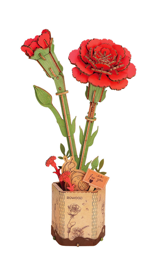 rowood 3D Puzzle Wooden Flower,DIY Artifical Flower Building Set Craft Kit for Women,Mother's Day/Valentine's Day/Teacher's Day/Thanksgiving/Christmas/Birthday Gift for Mom/Grandma-Red Carnation