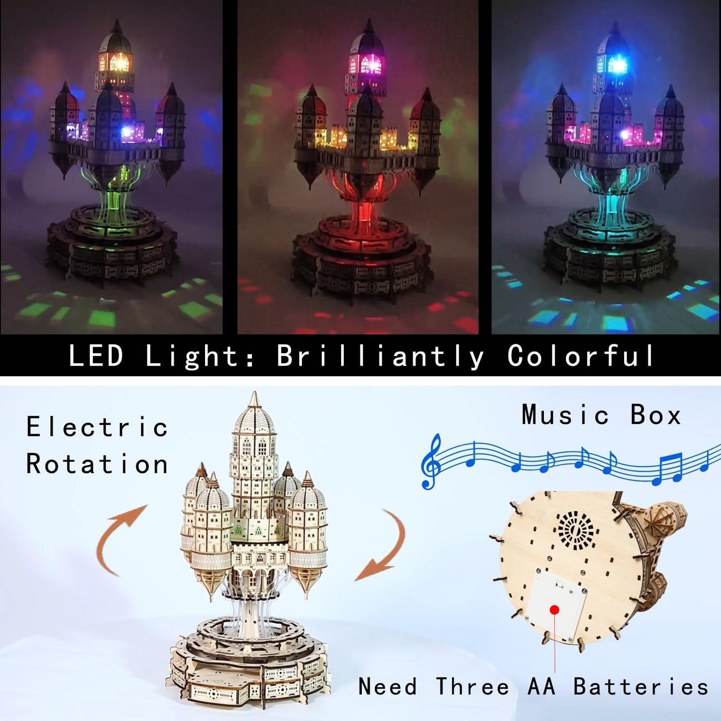 3D Wooden Castle Music Box Puzzle Kit, 521 Pieces LED Light DIY Mechanical Model Building Kit for Adults & Teens,Unique Creative Gift Idea